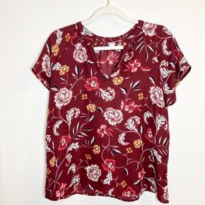 Old Navy Floral‎ Burgundy Blouse Women's Short Sleeve Top Size Small
